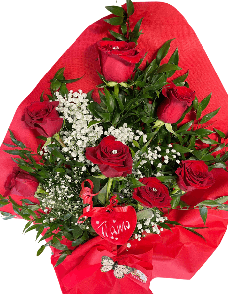 Mazzo di 7 Rose Rosse con cuoricino Ti Amo